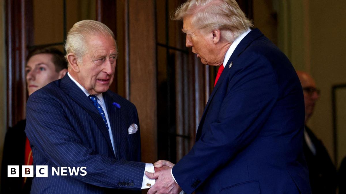 King Charles shaking hands with President Trump on a visit to Windsor in September 2025