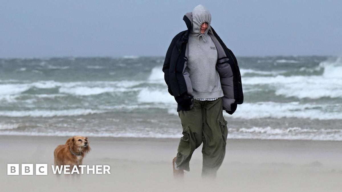 Man and his dog walking along a beach where sand is visibily lifted up with large waves in the background