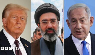 Composite image of US President Donald Trump, Iran's leader Mojtaba Khamenei, and Israeli Prime Minister Benjamin Netanyahu