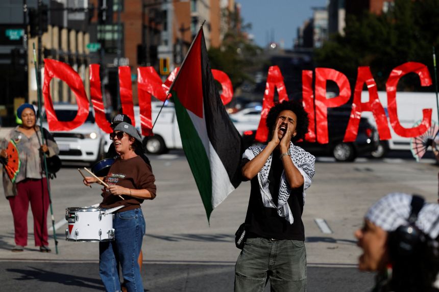 Demonstrators protest against the US backing of the Israeli military operation in Gaza, outside the office of the American Israel Public Affairs Committee in Washington, DC, in September 2025.