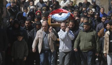 Residents of Yatta, south of Hebron, mourn the death of 27-year-old Amir Shanaran, who was killed by an Israeli settler, March 8, 2026. (Photo: Mamoun Wazwaz/APA Images)