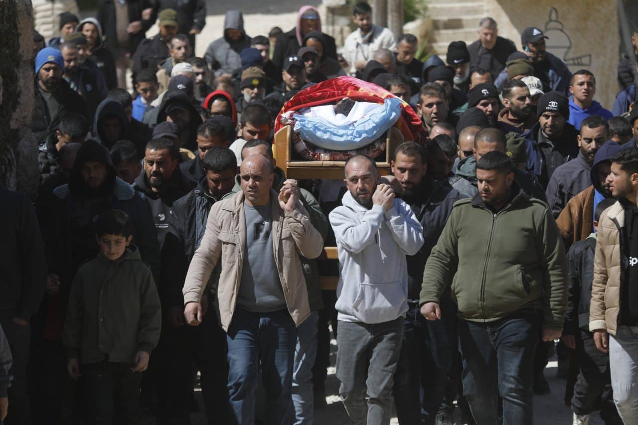 Residents of Yatta, south of Hebron, mourn the death of 27-year-old Amir Shanaran, who was killed by an Israeli settler, March 8, 2026. (Photo: Mamoun Wazwaz/APA Images)