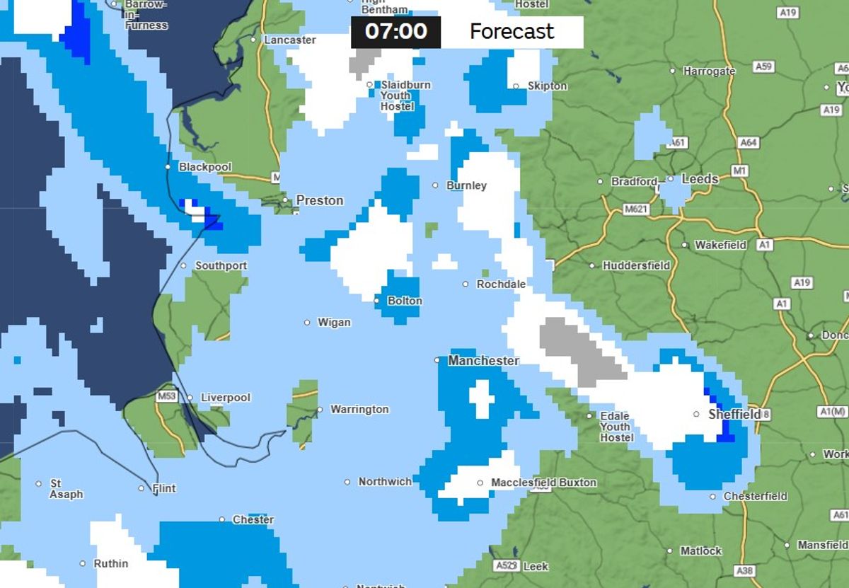 Snow is forecast in parts of Greater Manchester from 7am on Wednesday