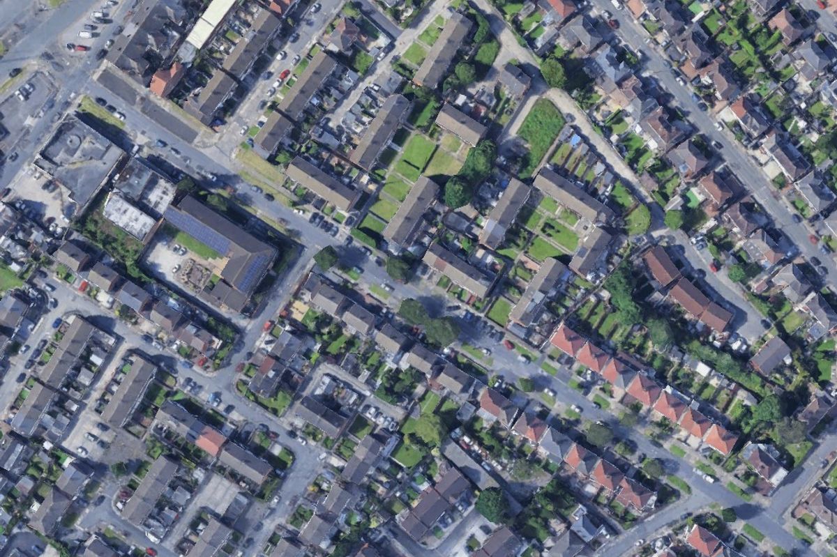 Aerial view of Parkside Drive and surrounding streets, West Derby, Liverpool