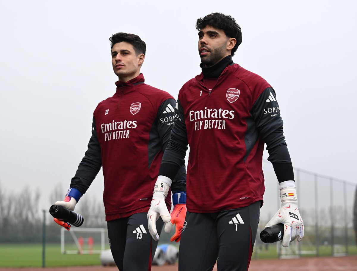 Kepa Arrizabalaga and David Raya of Arsenal during the Arsenal training sessions at Sobha Realty Training Centre on January 19, 2026 in London Colney, England. 