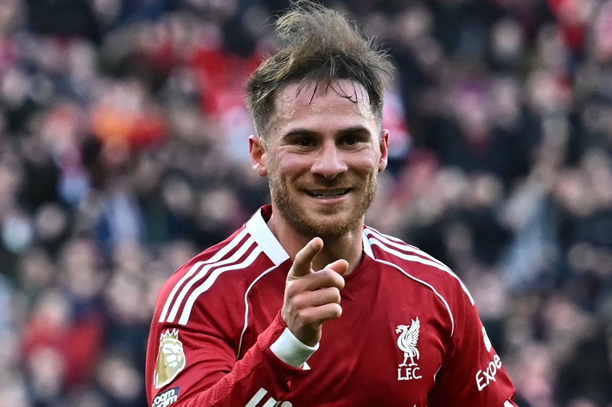 Alexis Mac Allister celebrates after scoring Liverpool's third goal during the Premier League match against West Ham United at Anfield on February 28 2026