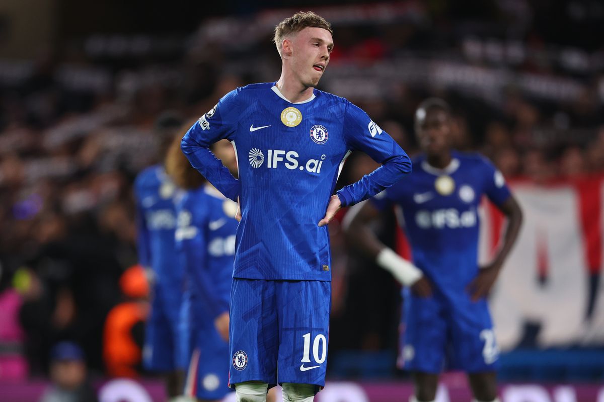 Cole Palmer of Chelsea looks dejected during the UEFA Champions League 2025/26 Round of 16 Second Leg match between Chelsea FC and Paris Saint-Germain FC at Stamford Bridge on March 17, 2026 in London, England