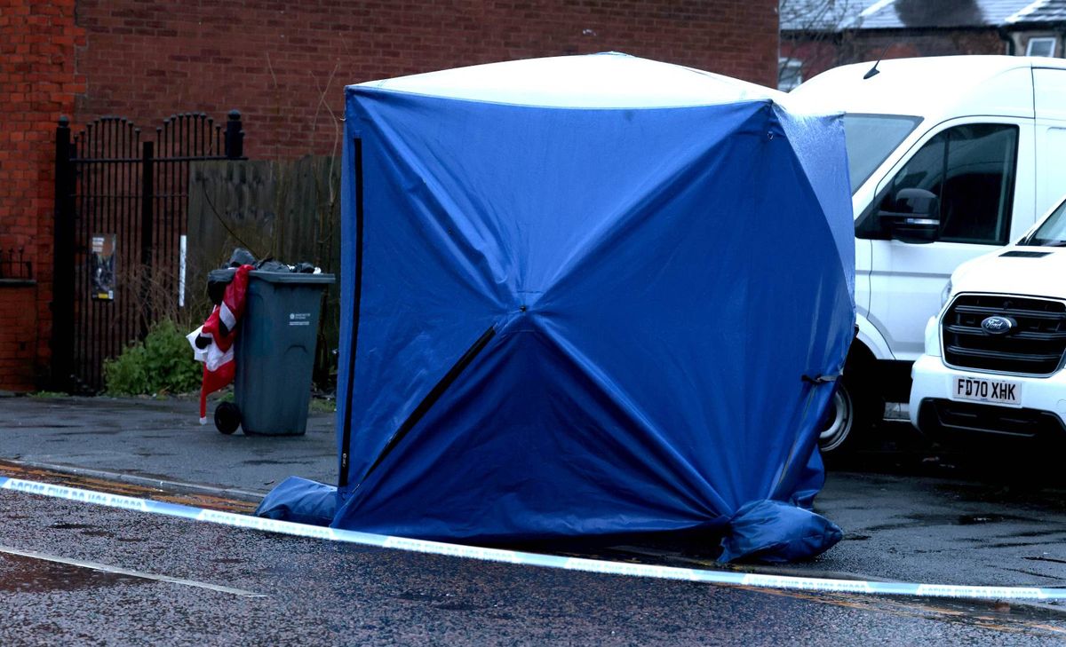 A blue tent is positioned on the roadside, adjacent to a pair of white vehicles. The scene is situated near a building with a brick wall and a metal fence, accompanied by a green trash bin. The road appears wet, suggesting recent precipitation.