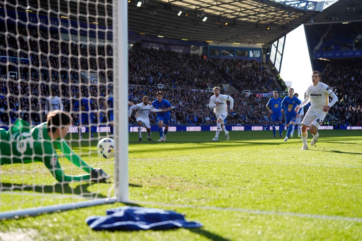 Sheffield United's Sydie Peck has a penalty saved by Birmingham City goalkeeper James Beadle