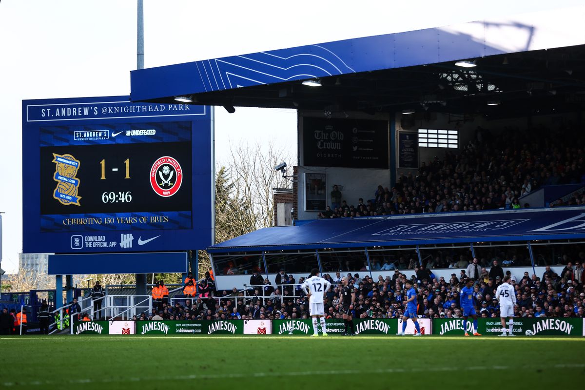 A general view of the scoreboard during Birmingham City's draw with Sheffield United