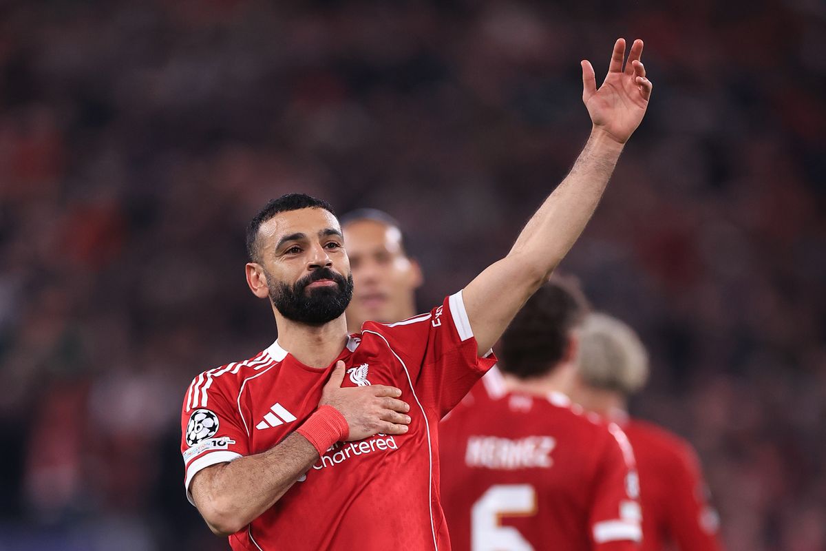 Mohamed Salah celebrates after scoring their 4th goal during the UEFA Champions League 2025/26 Round of 16 Second Leg match between Liverpool FC and Galatasaray SK at Anfield. 