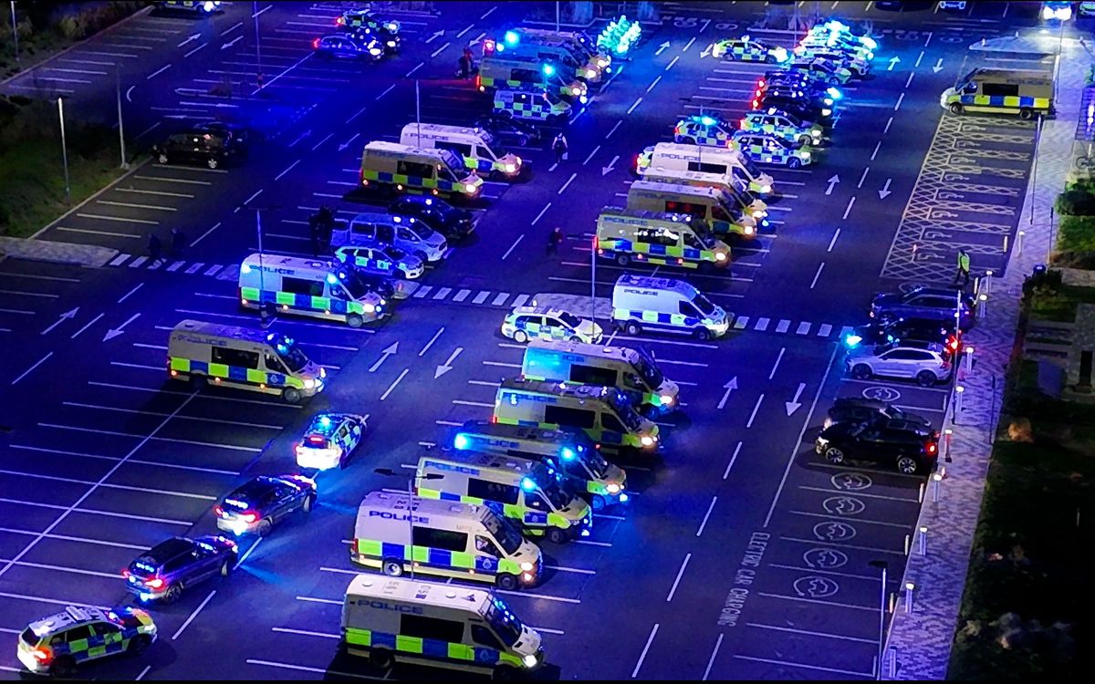 Police vehicles at Merseyside Police headquarters this morning