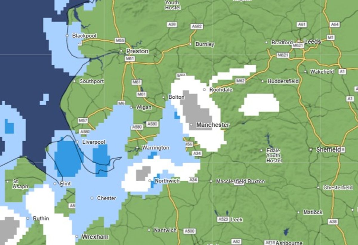 Snow forecast over Greater Manchester at 3am on March 14