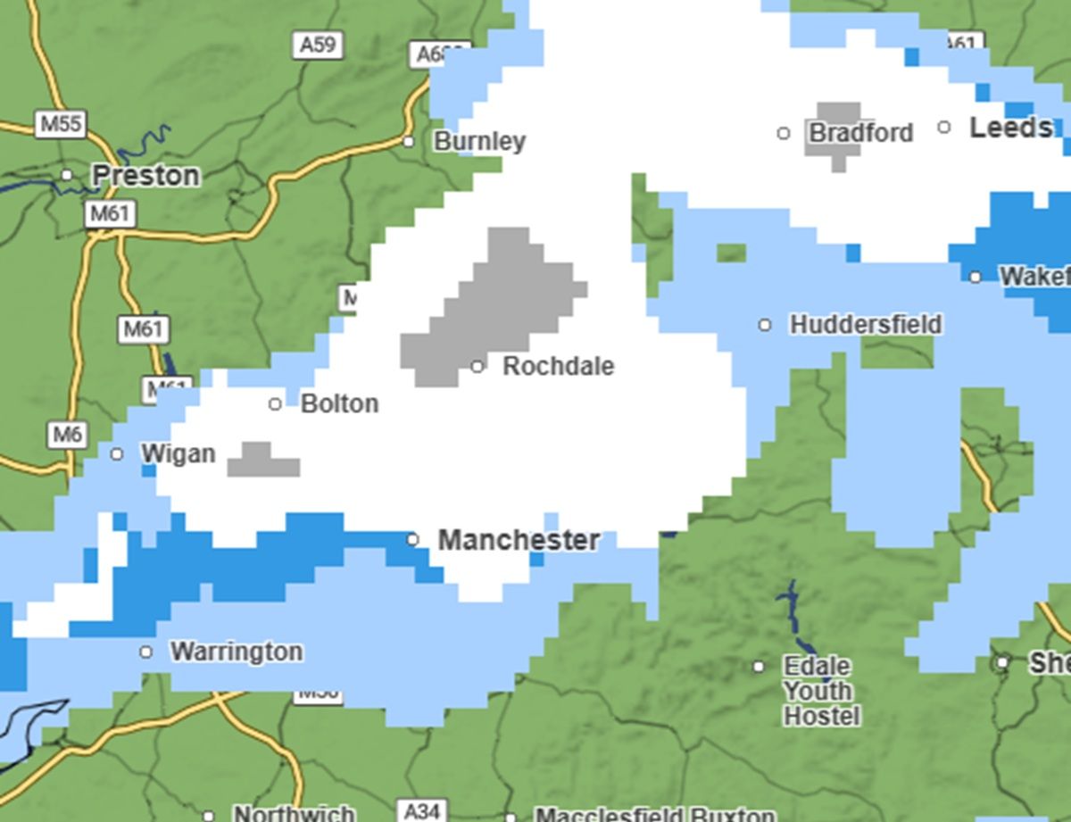 Manchester snow map for Wednesday 