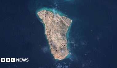 Graphic titled "Iran oil and gas facilities" showing their locations on a map of Iran. The location of Kharg Island, off the coast of Iran, is labelled with the words: "Iran's largest terminal - Kharg Island". Above the map is written: "Iran holds 10% of world's proven oil reserves and 15% of its gas".