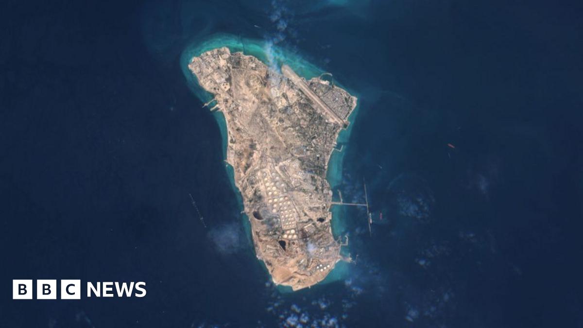 Graphic titled "Iran oil and gas facilities" showing their locations on a map of Iran. The location of Kharg Island, off the coast of Iran, is labelled with the words: "Iran's largest terminal - Kharg Island". Above the map is written: "Iran holds 10% of world's proven oil reserves and 15% of its gas".