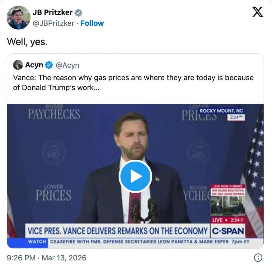 Tweet image with a screenshot of J.D. Vance speaking in Rocky Mount, NC. Caption by JB Pritzker: "Well, yes."