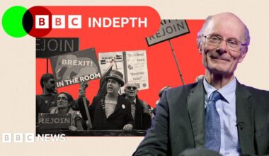 Thin, lobster red banner with white text saying ‘InDepth newsletter’. To the right are black and white portrait images of Emma Barnett and John Simpson. Emma has dark-rimmed glasses, long fair hair and a striped shirt. John has short white hair with a white shirt and dark blazer. They are set on an oatmeal, curved background with a green overlapping circle.