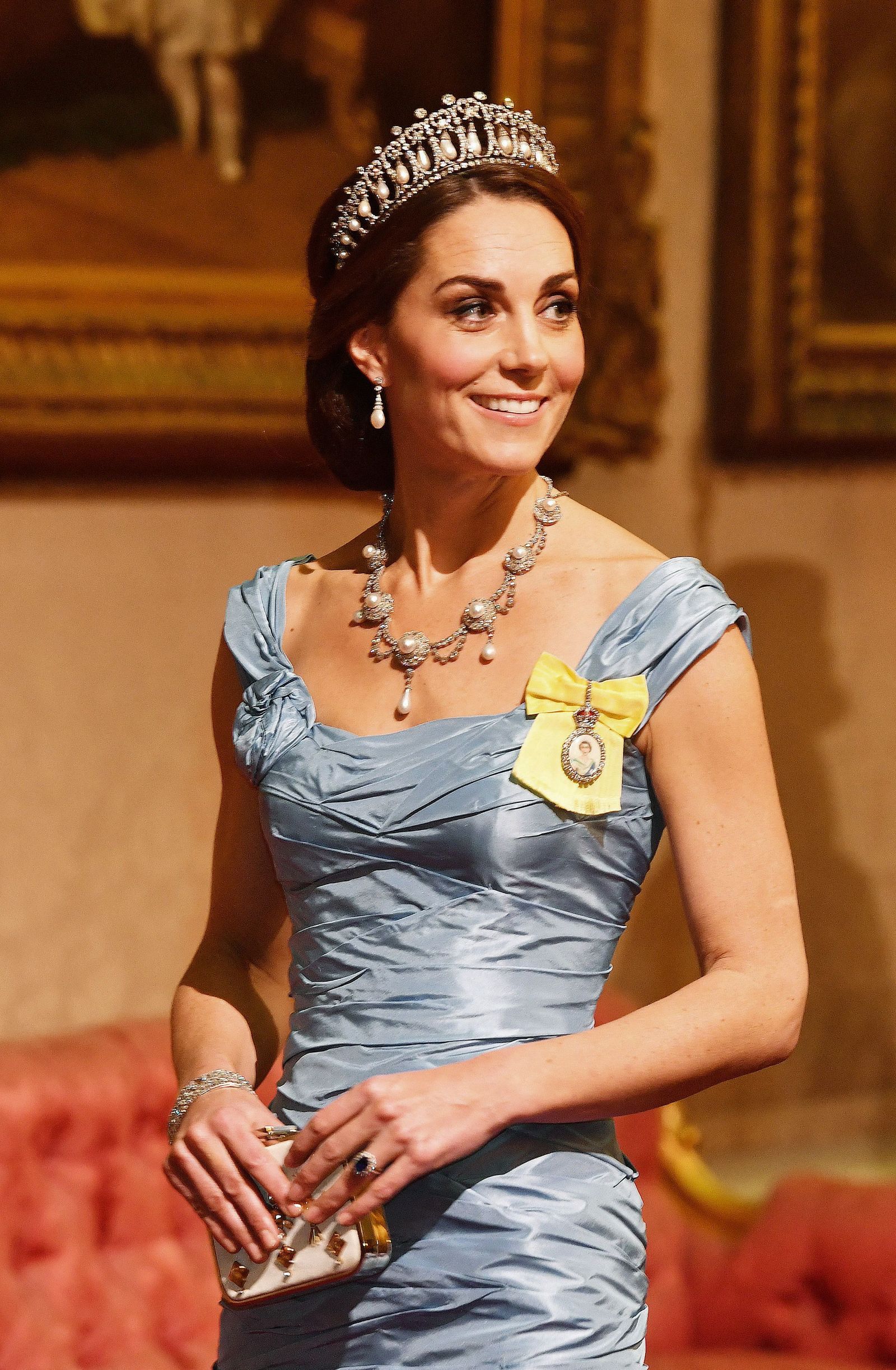 The then Duchess of Cambridge wore Diana's favourite tiara and earring combination to attend a state banquet in honour...