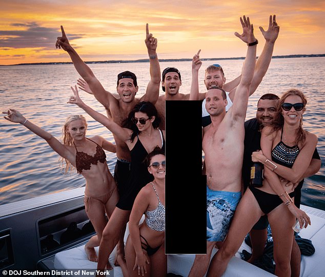 Tal Alexander (front, blue shorts) and identical twins Oren and Alon (back row) are facing federal sex trafficking charges in Manhattan court; they have pleaded not guilty