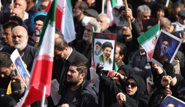 Iranians gather at Enqelab Square to show support for the newly appointed Supreme Leader Ayatollah Mojtaba Khamenei in Tehran