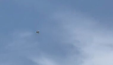 An Iranian Shahed-136 attack drone flies over Al Mamzar Beach in Dubai moments before it is intercepted by the UAE