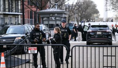 Members of the US Secret Service monitor the scene after a vehicle ran into a security barricade near the White House in Washington, DC, on March 11
