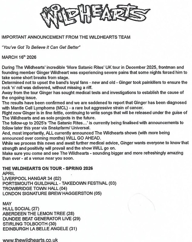 The news was shared in a statement posted to the band’s social media channels on Tuesday