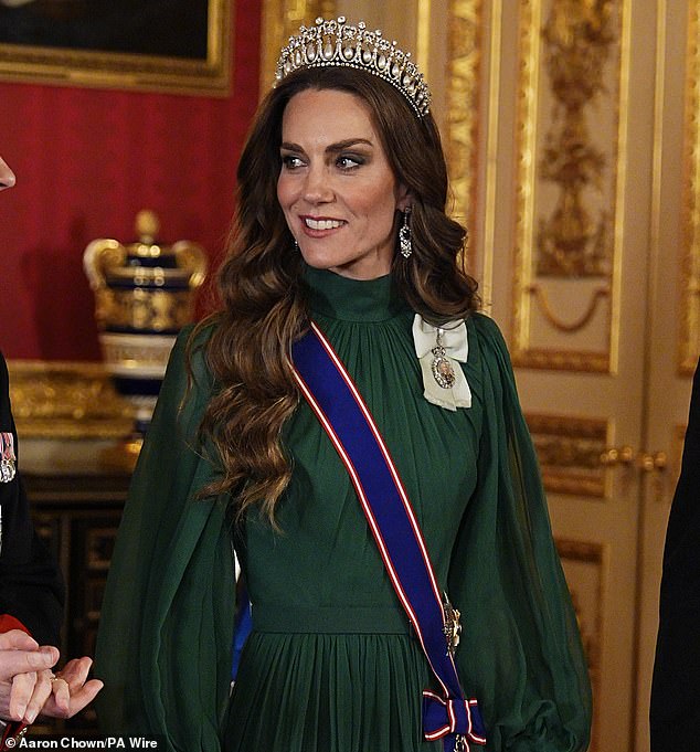 The Princess of Wales dazzled in a green evening gown by Andrew Gn with her favourite Lover's Knot Tiara and earrings belong to Queen Elizabeth II