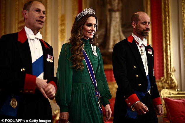 The Princess of Wales was wearing her favourite tiara, The Lover's Knot, and a pair of earring that belonged to the late Queen