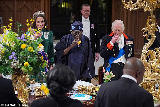 The Princess of Wales, the president and The King led the 160 guests in a toast - with president Tinubu drinking orange juice and the royals English sparkling wine