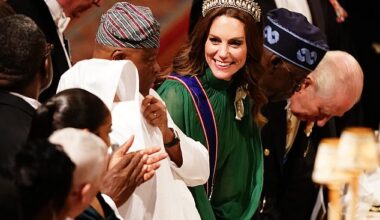Catherine broke into a winning smile as she took her seat next to the Nigerian president