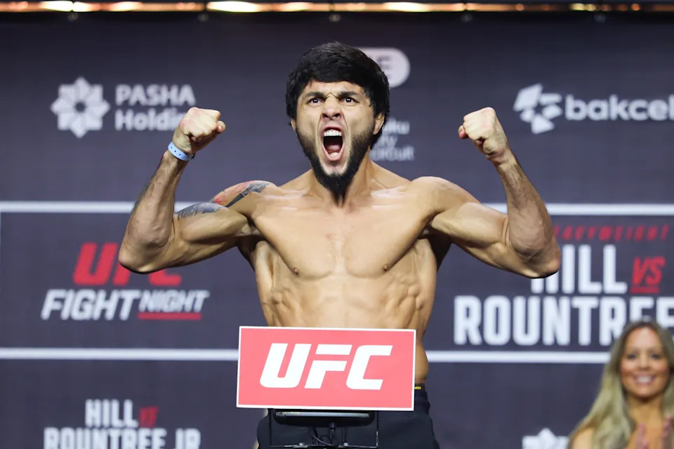 BAKU, AZERBAIJAN - JUNE 20: Tofiq Musayev of Azerbaijan poses on the scale during the UFC Fight Night ceremonial weigh-ins at Baku Crystal Hall on June 20, 2025 in Baku, Azerbaijan. (Photo by Ed Mulholland/Zuffa LLC)