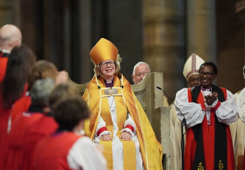 The Archbishop of Canterbury Dame Sarah Mullally takes part in the Enthronement Ceremony installing her as the 106th Archbishop of Canterbury at Canterbury Cathedral on March 25, 2026 in Canterbury, United Kingdom. 