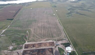 An aerial view of a Monette feedlot in the Rural Municipality of Lac Pelletier.