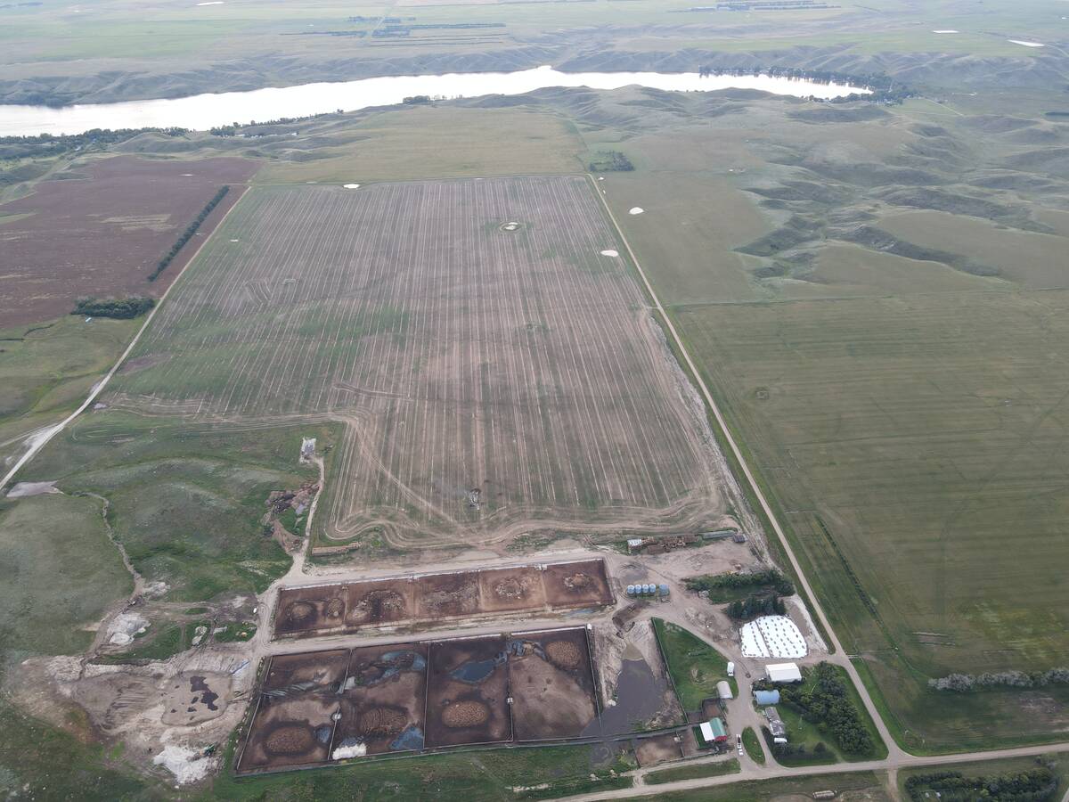 An aerial view of a Monette feedlot in the Rural Municipality of Lac Pelletier.