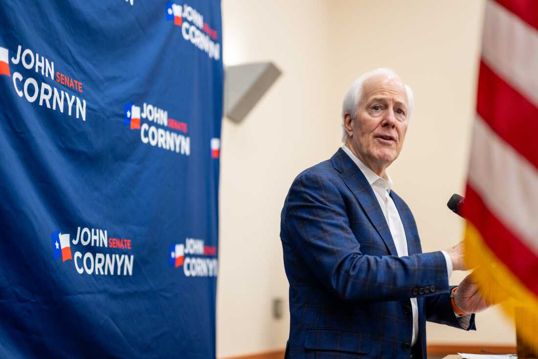 Sen. John Cornyn, R-Texas, speaks during a Get Out The Vote campaign rally at the Schertz Civic Center Conference Hall on March 2, in Schertz, Texas. Cornyn continues to campaign against opponents Texas Attorney General Ken Paxton, and Rep. Wesley Hunt, R-Texas, ahead of the March 3 primary election. (Photo by Brandon Bell/Getty Images)
