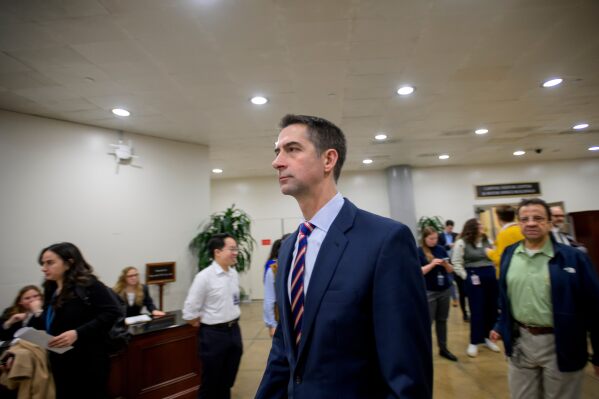 Sen. Tom Cotton, R-Ark., walks through the Senate subway during a vote at the Capitol, Tuesday, Jan. 6, 2026, in Washington. (AP Photo/Rod Lamkey, Jr.)