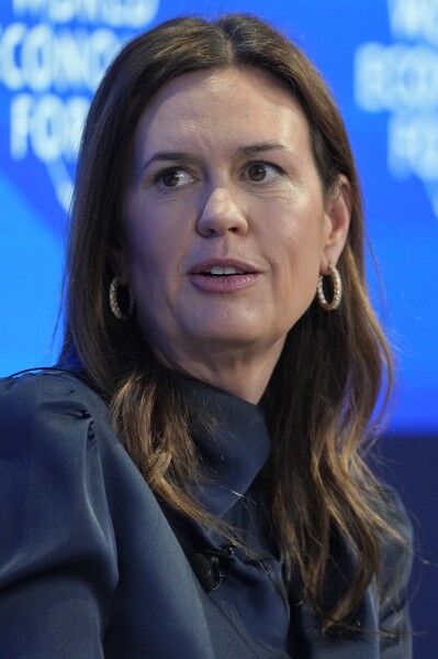 Arkansas Gov. Sarah Huckabee Sanders speaks at the Annual Meeting of World Economic Forum in Davos, Switzerland, Thursday, Jan. 23, 2025. (AP Photo/Markus Schreiber)