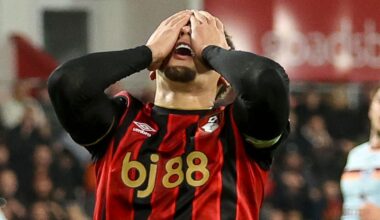 Marcus Tavernier reacts after seeing his shot hit the Brentford crossbar