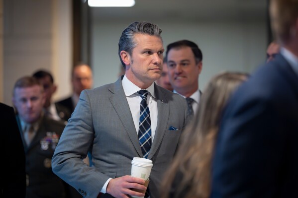 Defense Secretary Pete Hegseth arrives for a briefing for lawmakers on Iran at a secure room in the basement of the Capitol in Washington, Tuesday, March 3, 2026. (AP Photo/J. Scott Applewhite)