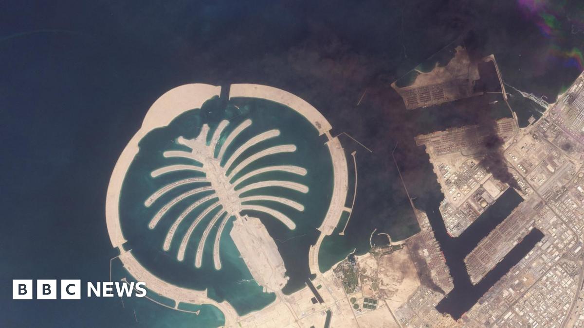 A satellite image of Jebel Ali Port, after one of the berths caught fire because of debris from an intercepted missile, in Dubai, United Arab Emirates