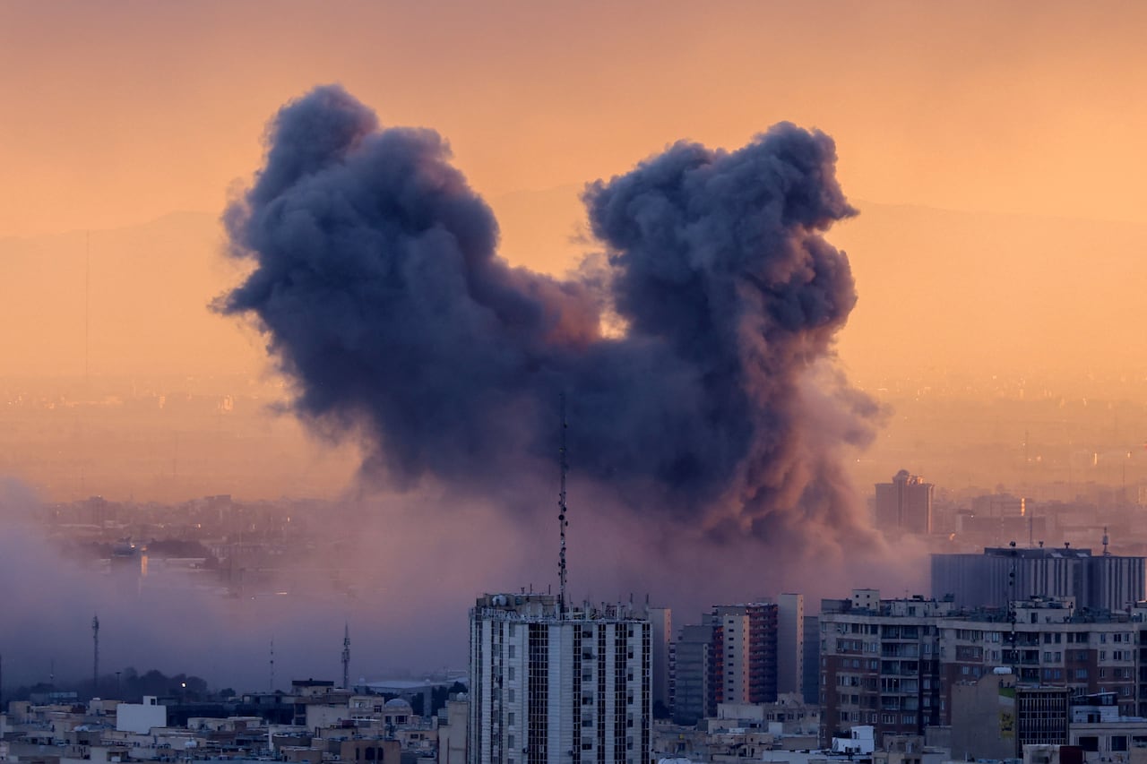 A large plume of smoke rises from the middle of a city.