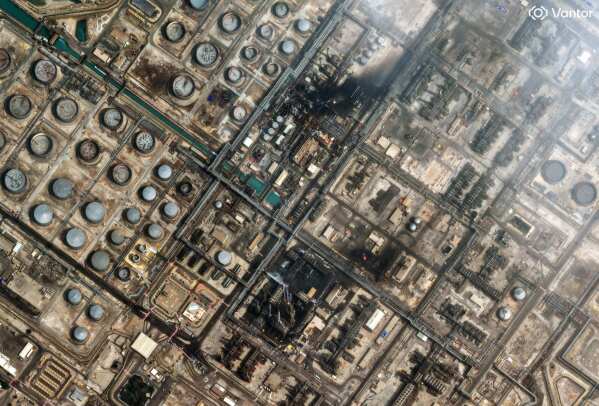 This satellite image provided by Vantor shows an overview of damage after a drone attack to Ras Tanura oil refinery, in Saudi Arabia, Monday, March 2, 2026. (Satellite image ©2026 Vantor via AP)