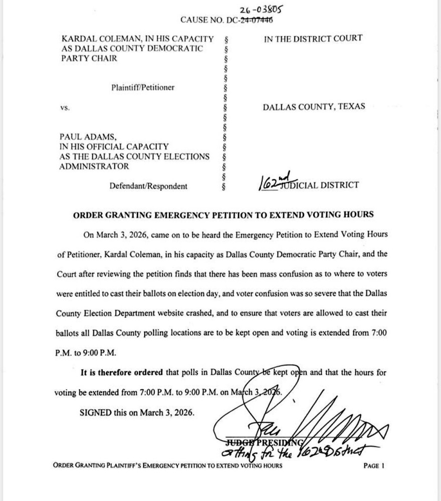 Dallas County Judge Staci Williams signed an order for primary election day voting locations within the county to extend voting hours to 9 p.m. — two hours longer than the 7 p.m. poll closure time.