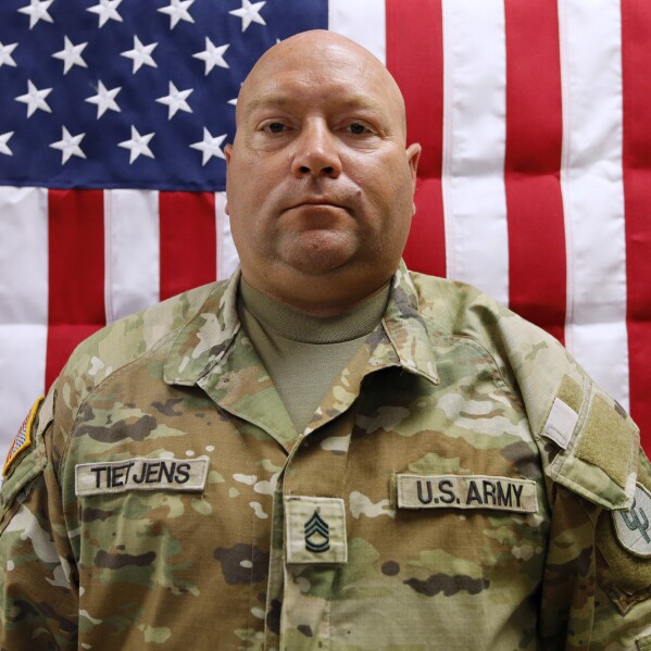 This image provided by the U.S. Army shows Sgt. 1st Class Noah Tietjens, 42, of Bellevue, Neb., in this May 16, 2025, photo. (Sgt. Brent Newton/U.S. Army via AP)