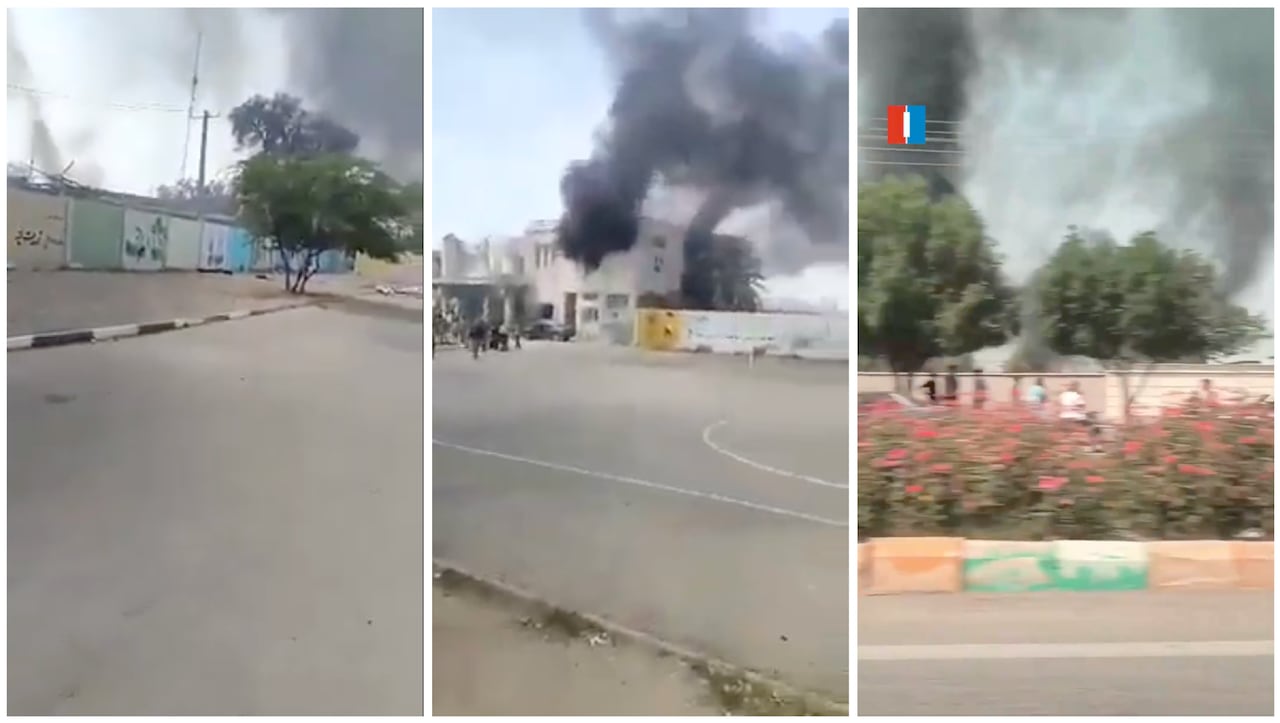 Three photos showing smoke rising from buildings.