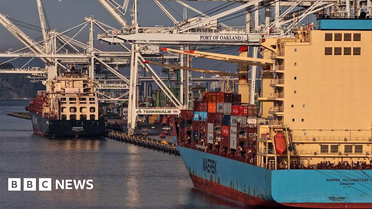 Container ships are seen docked at a port.
