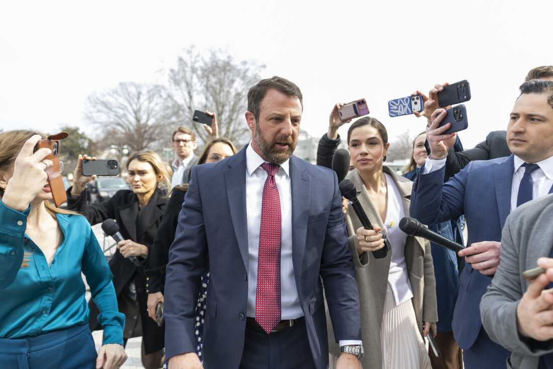 Sen. Markwayne Mullin, R-Okla. spoke with reporters at the Capitol on Thursday. President Trump announced that Mullin is his pick to replace Kristi Noem as the head of the Department of Homeland Security.