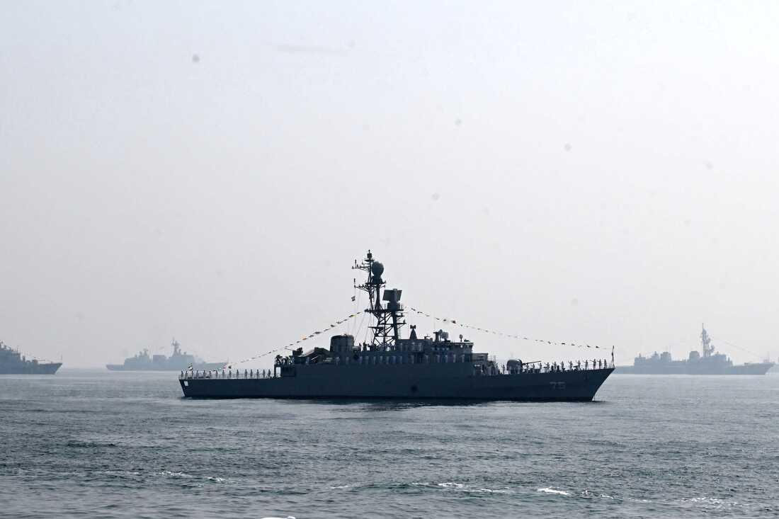 Iranian warship IRIS Dena is seen in the Bay of Bengal during International Fleet Review held at Visakhapatnam, India, Feb. 18, 2026. (AP Photo)